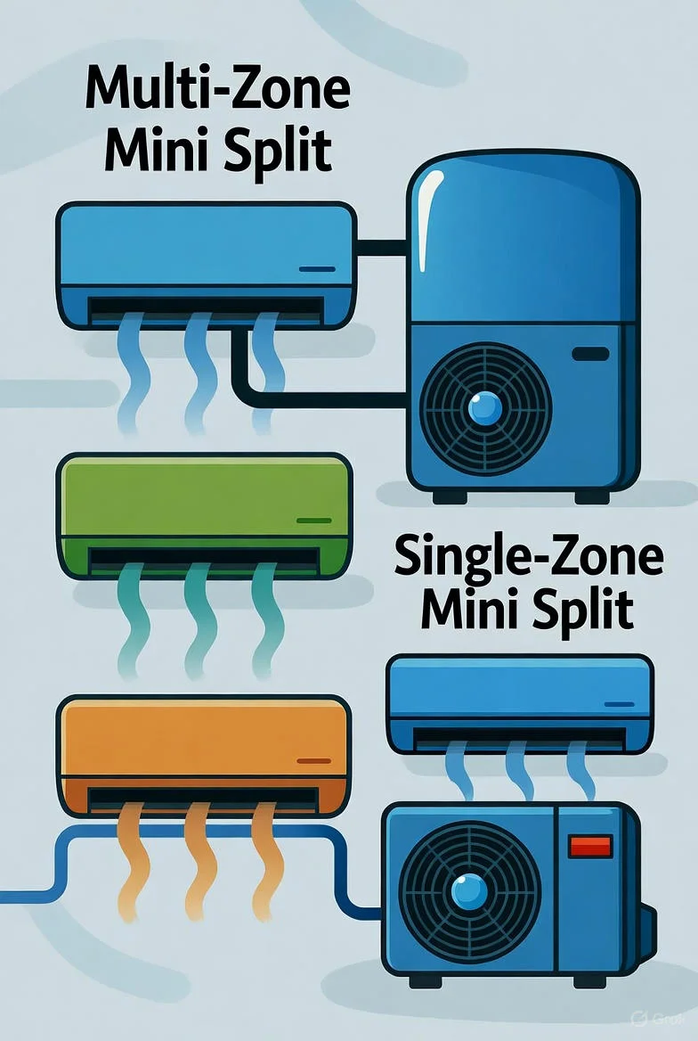 Whole home mini split - tri zone and dual zone mini split system layout showing multi zone AC connections and zone control HVAC