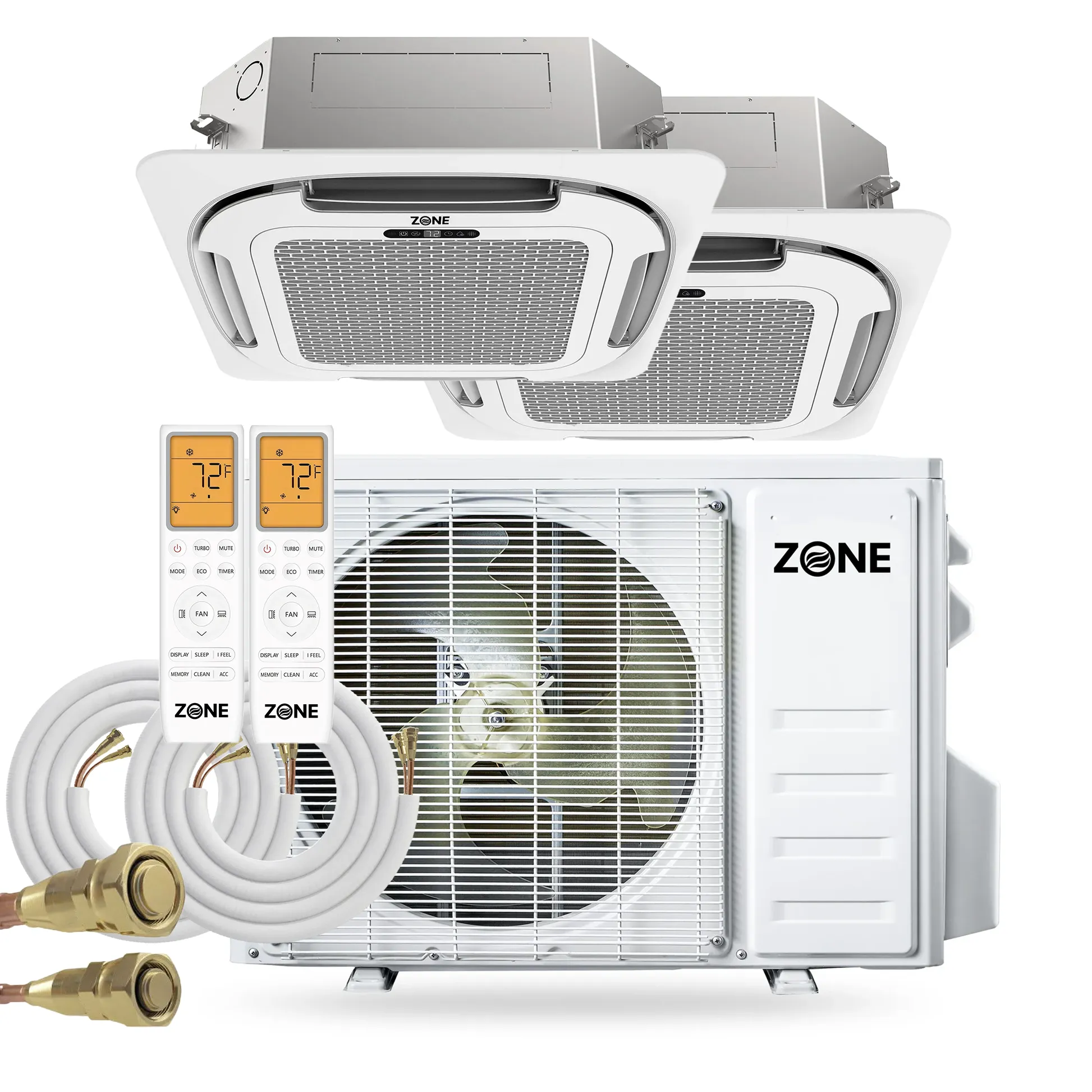 Zone Air® Airframe DUAL ZONE 24,000 BTU (12K+12K) 21 SEER2 230V Ceiling Cassette Mini-Split Heat Pump System with 2x Pre-Charged Linesets - Up to 1,200 Sq Ft