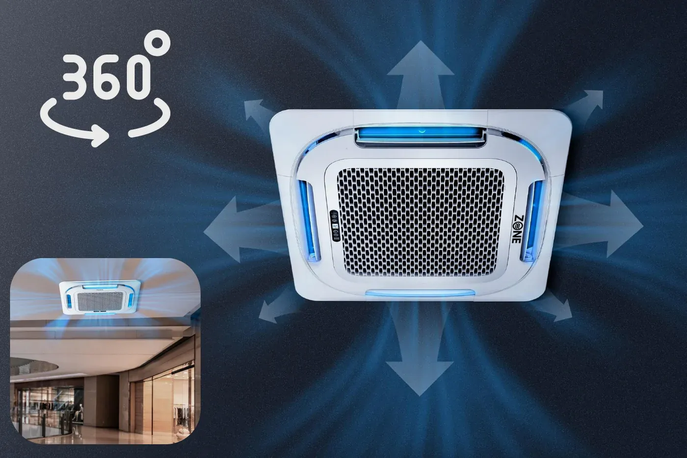 Ceiling cassette mini split with four-way vane airflow pattern