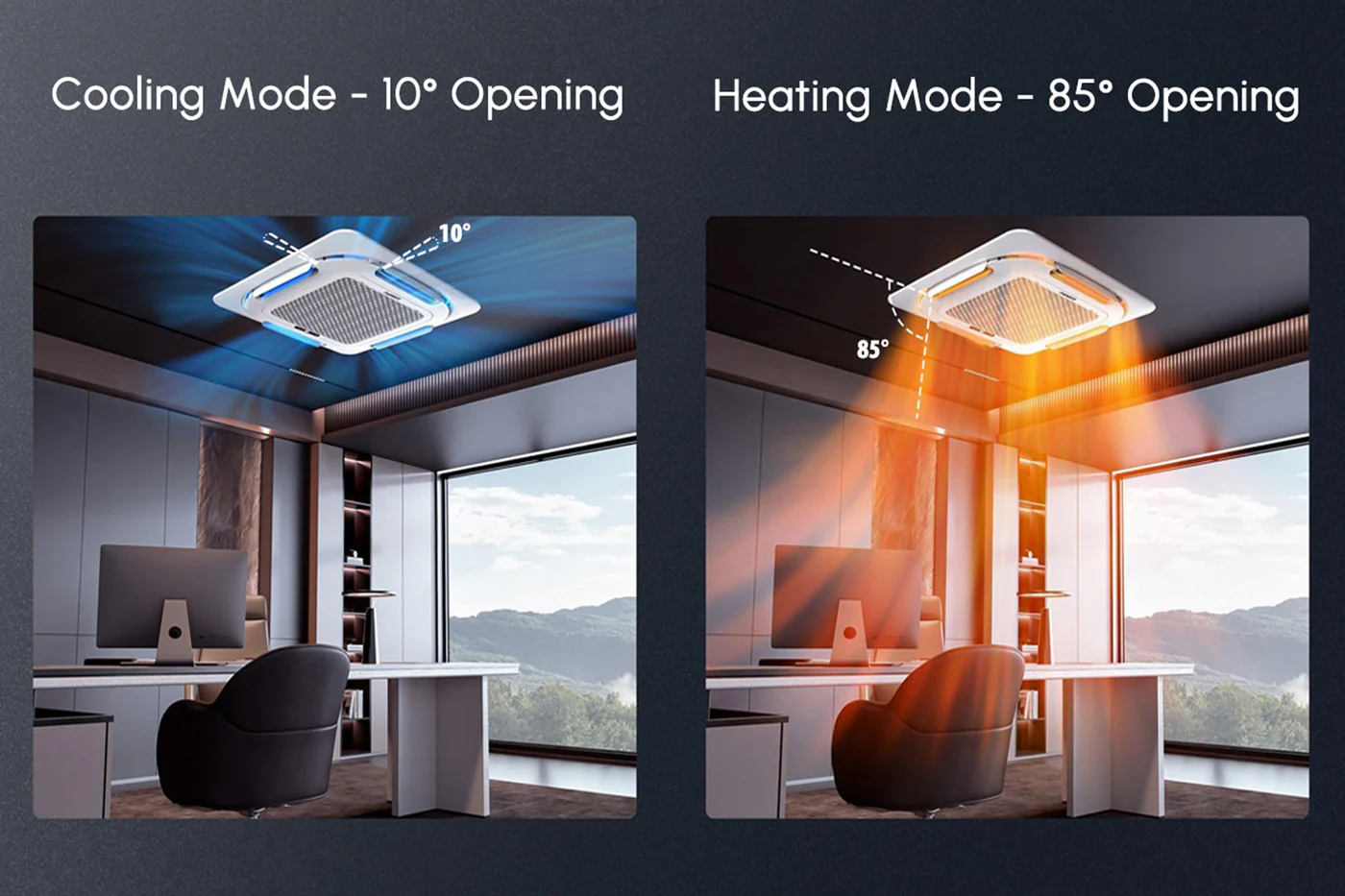 Ceiling cassette mini split mounted flush in a ceiling with four-way airflow